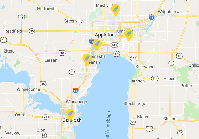 Map of Prospera branch locations in Wisconsin's Fox Valley and Oshkosh