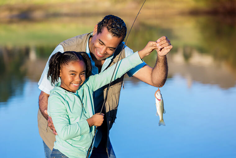 Girl fishing with father