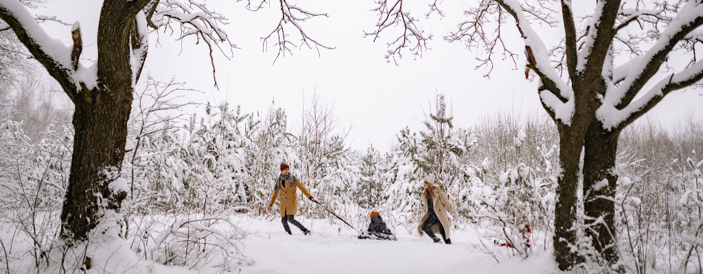 Happy family pulling sleds in the snow